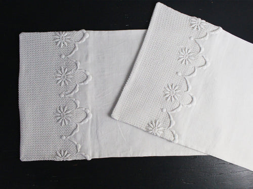 Small Bolster - Antique French White Embroidered Scalloped Tulle on Linen Cushion