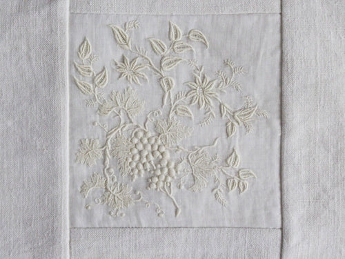 30cm Square Cushion - Delicate Antique French Embroidery on Linen P346