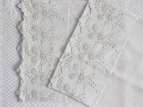 40cm Square Cushion - Antique French Broderie Anglaise on Linen P356