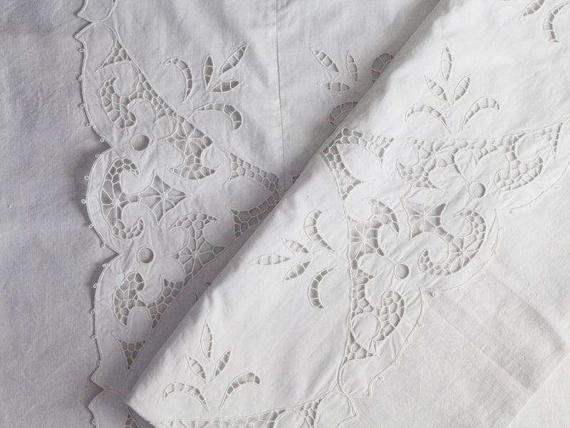 50cm Square Cushion - Antique French White Scalloped Cutwork on Linen