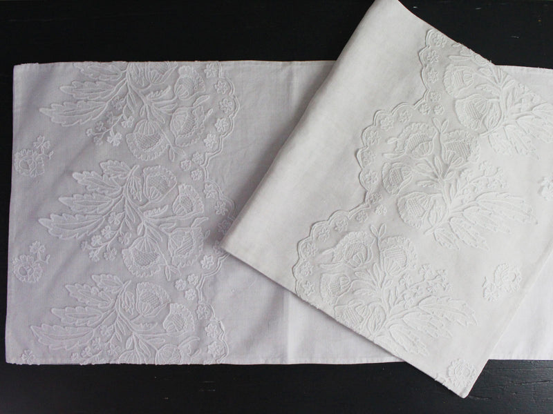 Medium Bolster Monogrammed - Antique French White Embroidered tulle on Linen by Charlotte Casadéjus