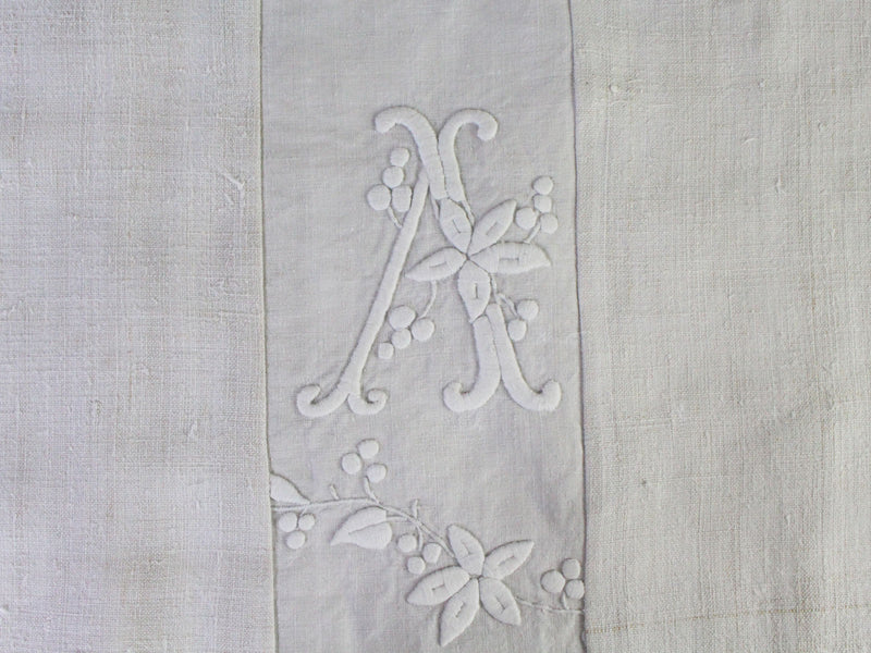 Medium Bolster Monogrammed - Antique French White on White Embroidered 'V' 'A'on Linen by Charlotte Casadéjus