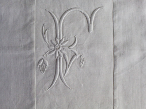 50cm Square Monogrammed Cushion - Antique French White on White Embroidered 'F' on Linen