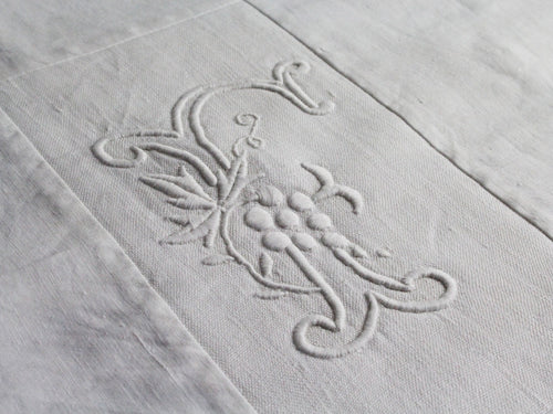 40cm Square Monogrammed Cushion - Antique French White on White Embroidered 'F' on Linen