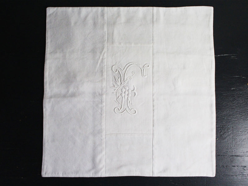40cm Square Monogrammed Cushion - Antique French White on White Embroidered 'F' on Linen