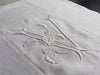 50cm Square Monogrammed Cushion - Antique French White on White Embroidered 'V' on Linen