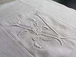 50cm Square Monogrammed Cushion - Antique French White on White Embroidered 'V' on Linen