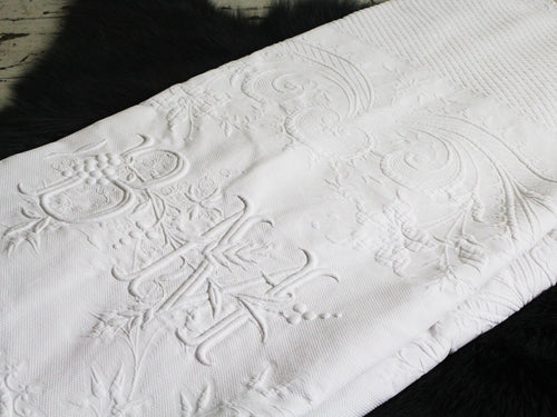 A White 19th C Piqué Bed Cover with Large Monogram 'BM' & Scalloped Edging