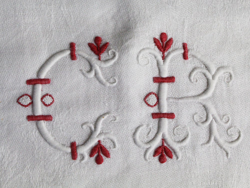 40cm Square Cushion - Antique French White & Red Embroidered Monogram CR on Linen