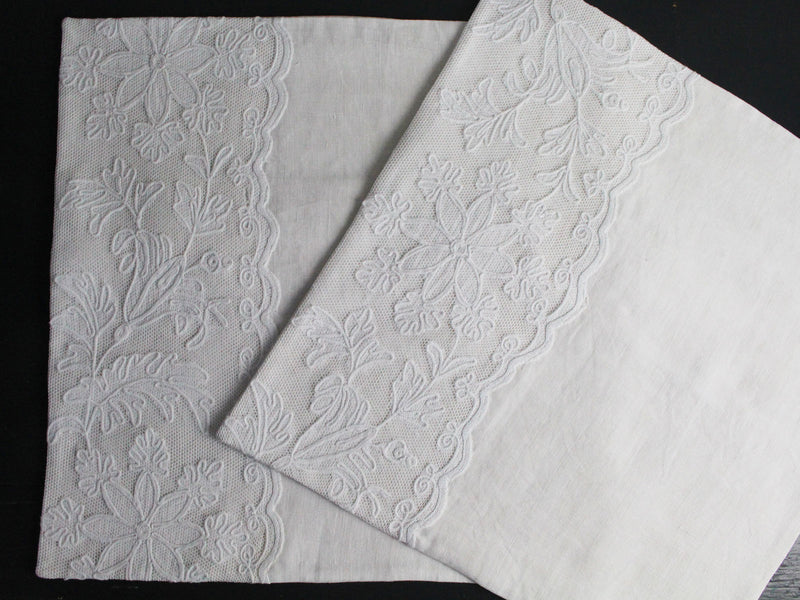 40cm Square Cushion - Antique French Fine Embroidered Tulle on Linen