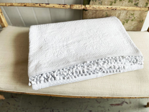 An Antique French Piqué Bedcover with Pompoms White - Antique French Textiles - Charlotte Casadejus 