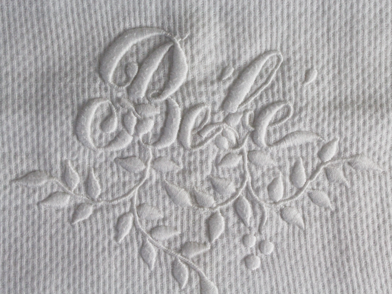 40cm Square Cushion - Antique French White on White Embroidery 'Bébé' on Linen
