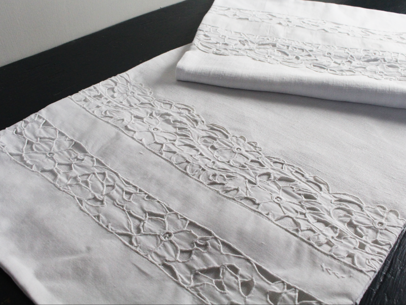 Small Bolster - Antique French White on White Embroidered Floral Cutwork on Linen