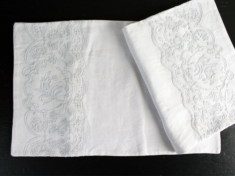 Small Bolster - Antique French White on White Embroidered Cornely on Linen
