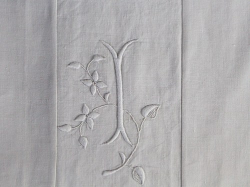 Medium Bolster Monogrammed - Antique French White on White Embroidered 'I' on Linen by Charlotte Casadéjus