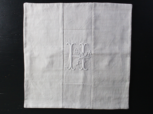40cm Square Cushion - Antique French White on White Embroidered 'H' on Linen