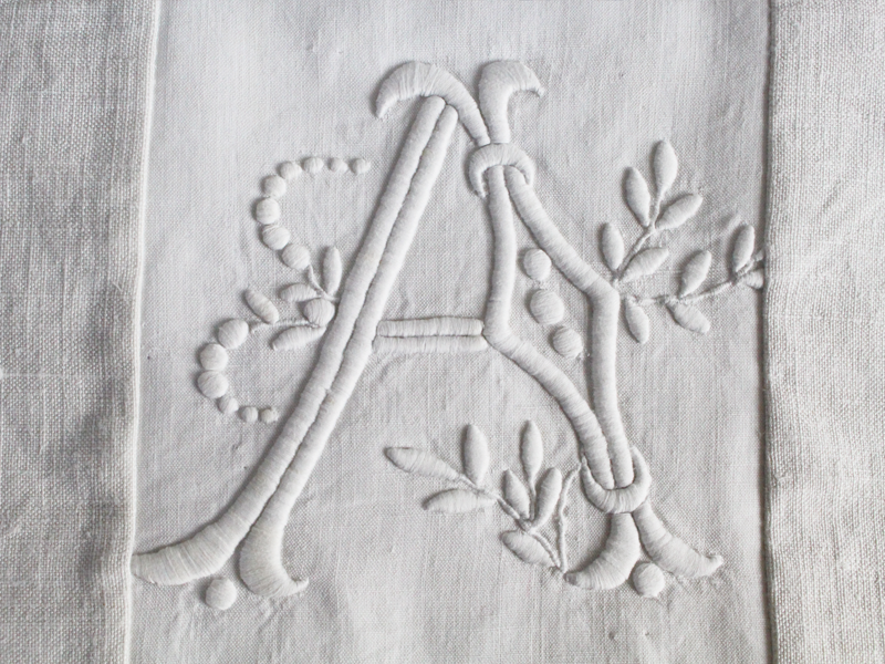 30cm Square Monogrammed Cushion - Antique French White on White Embroidered 'A' on Linen