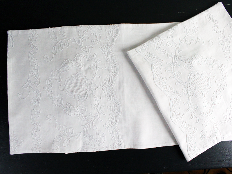 Medium Bolsters - Antique French White on White Emboidered Cornely on Linen by Charlotte Casadéjus