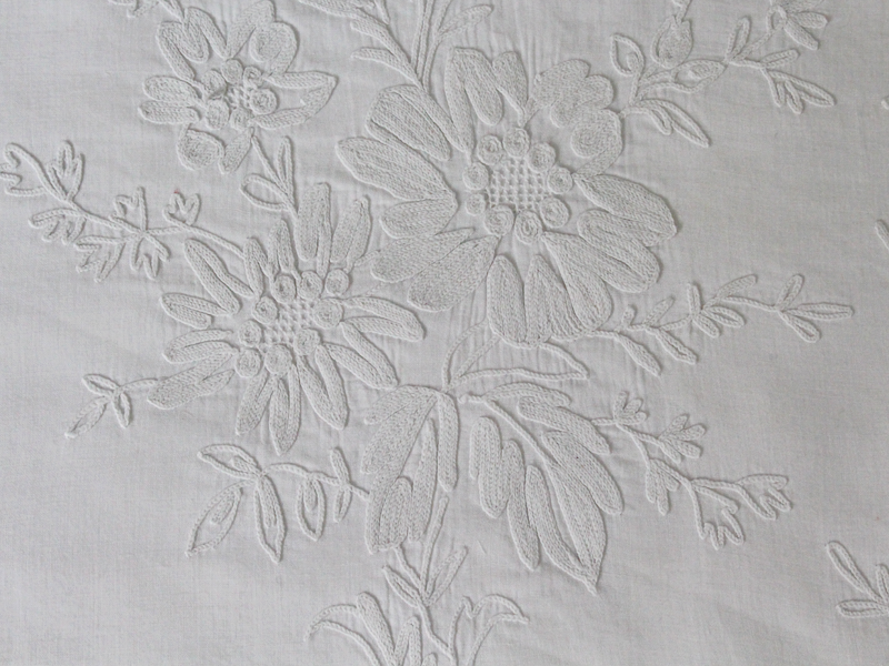 Bolsters - Antique French White on White Cornely Embroidery on Linen Bolster by Charlotte Casadéjus