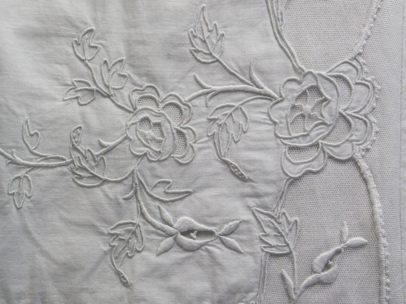 40cm Square Cushion - Antique French White on White Floral Embroidery on Linen