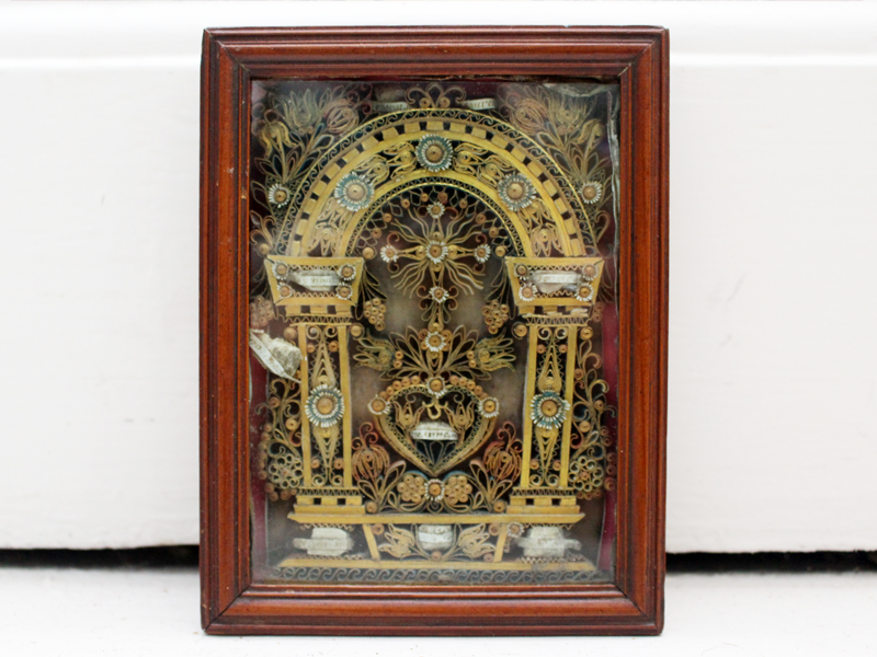 An Ornate Italian Paper Scroll Relic with Pearwood Frame
