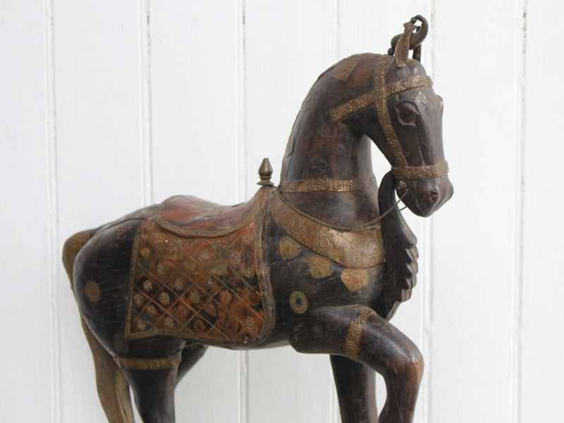 A Late 19th C Indian Carved Wood Painted Sculpture of a Horse