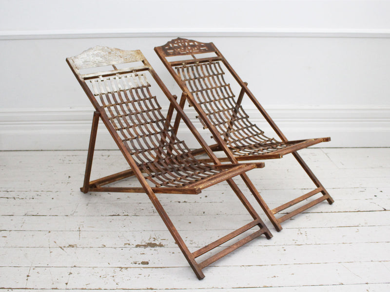 Two Pairs of Cast Iron English Steamer Ship Deckchairs