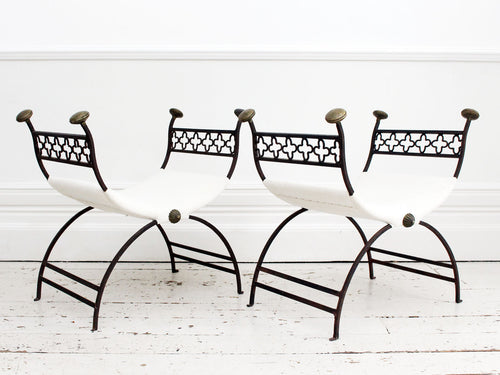 A Late 19th C Pair of Italian Black Iron Throne Stools with Brass Handles