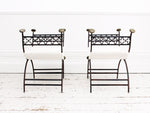 A Late 19th C Pair of Italian Black Iron Throne Stools with Brass Handles