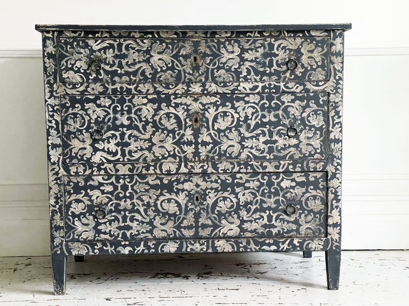 A 19th Century Italian Ornately Painted Black & Off White Commode