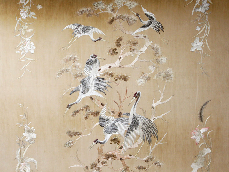 Exceptionally Large Antique Japanese Hand Embroidery Depicting Herons in Silver Tones