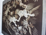 A Meiji Period Silverwork Embroidered Four Panel Screen Depicting Mythical Shishi