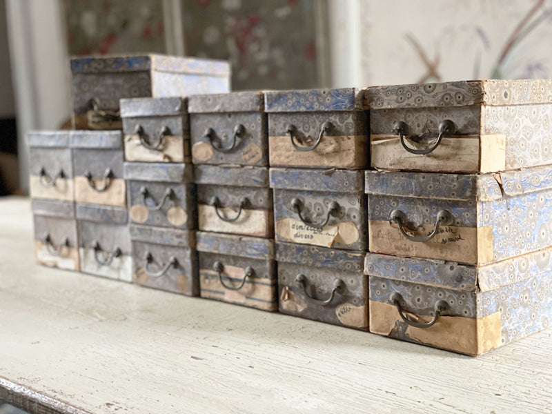 17 Antique Marbled Blue Haberdashery Lidded Boxes with Brass Handles - Sold Separately