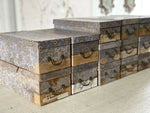 17 Antique Marbled Blue Haberdashery Lidded Boxes with Brass Handles - Sold Separately