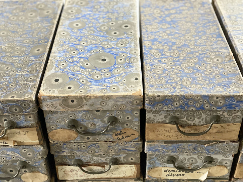 17 Antique Marbled Blue Haberdashery Lidded Boxes with Brass Handles - Sold Separately