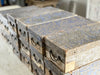 17 Antique Marbled Blue Haberdashery Lidded Boxes with Brass Handles - Sold Separately