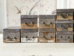 17 Antique Marbled Blue Haberdashery Lidded Boxes with Brass Handles - Sold Separately