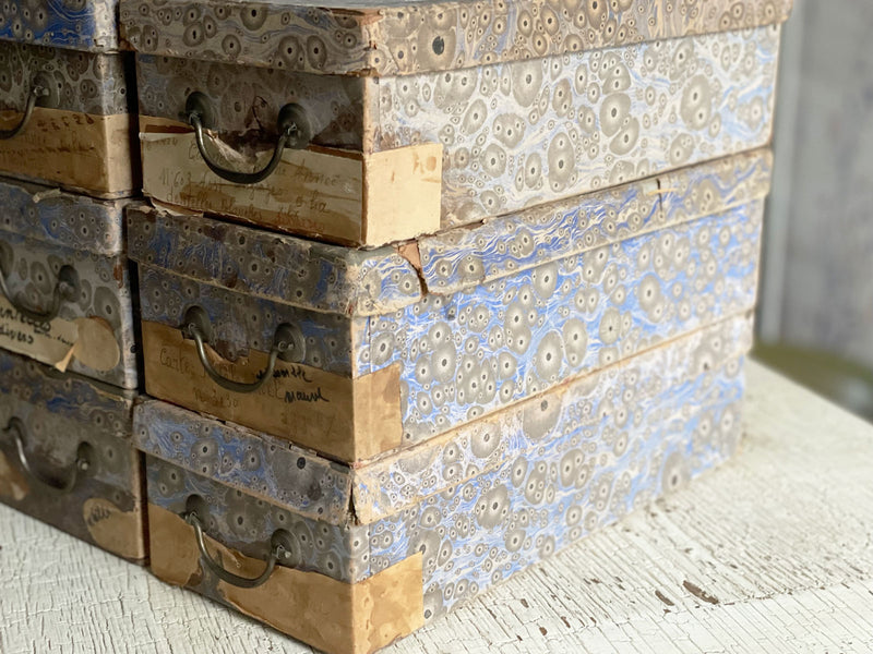 17 Antique Marbled Blue Haberdashery Lidded Boxes with Brass Handles - Sold Separately