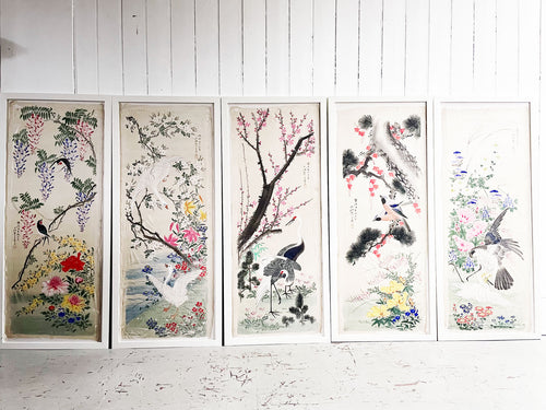 Colourful Antique Japanese Hand Painted Framed Silks - 5 Available