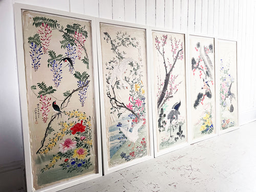 Colourful Antique Japanese Hand Painted Framed Silks - 5 Available