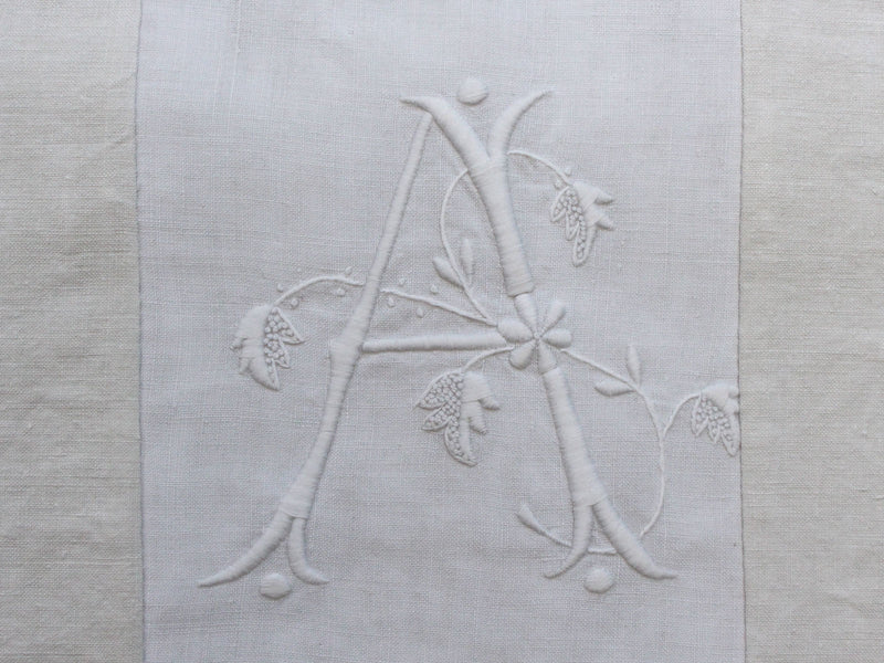 A 40cm Square Cushion - Antique French 'A' Monogram on Linen P4077