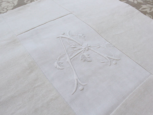 A 40cm Square Cushion - Antique French 'A' Monogram on Linen P4077