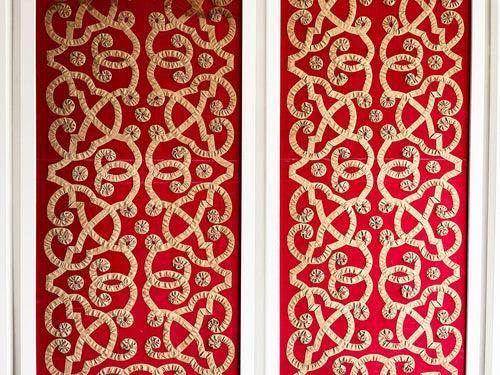 A Set of Four 19th C Italian Ivory Ribbon Work on Red Textile Panels