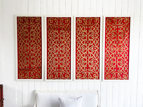 A Set of Four 19th C Italian Ivory Ribbon Work on Red Textile Panels