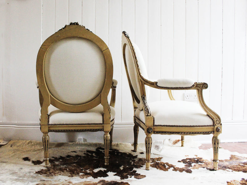 A Pair of Louis XVI Style 19th C Silver Water Gilt Fauteuils