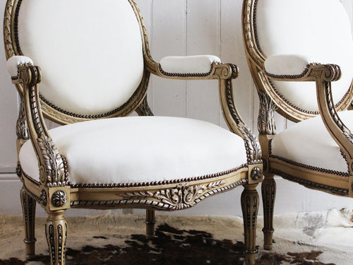 A Pair of Louis XVI Style 19th C Silver Water Gilt Fauteuils