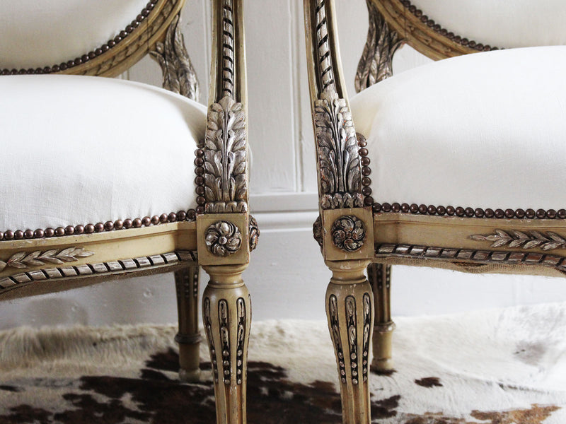 A Pair of Louis XVI Style 19th C Silver Water Gilt Fauteuils