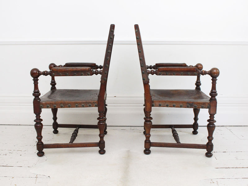 A Pair of Early 19th C Spanish Embossed Leather Armchairs