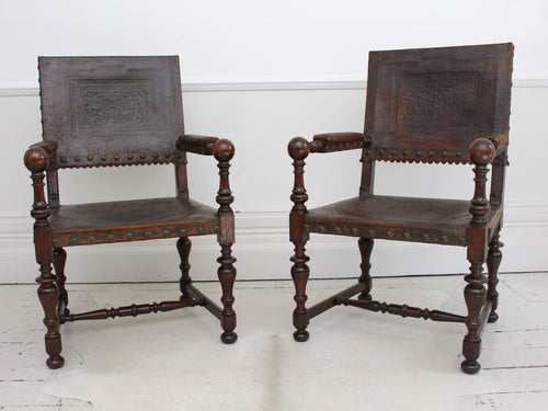 A Pair of Early 19th C Spanish Embossed Leather Armchairs