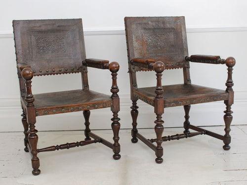 A Pair of Early 19th C Spanish Embossed Leather Armchairs